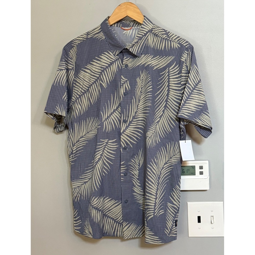 Roark Bless Up Shirt Mens Size M Blue Palm Leaf RW534 Perforated Stretch Aloha